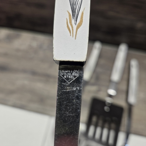 Ashton Stainless Serving Utensils Vintage MCM Set 1970s Black Gold Wheat White - Picture 4 of 4